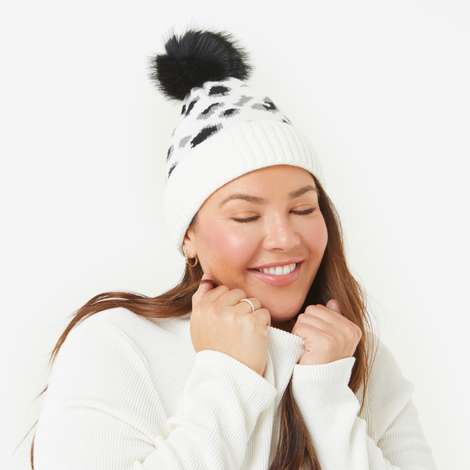 Virginia Wolf Leopard Beanie with Faux Fur Snap Pom
