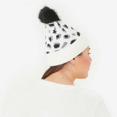 Virginia Wolf Leopard Beanie with Faux Fur Snap Pom