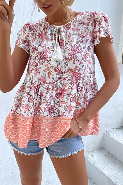 Floral Top with Tie Detail and Petal Sleeves