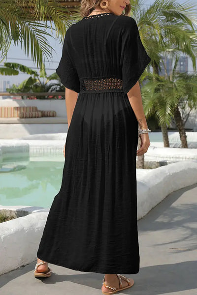 Maxi Swim Cover-Up with Front Tie and Crochet Trim Details
