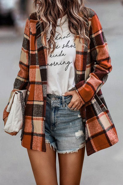 Plaid Open Front Blazer with Pockets