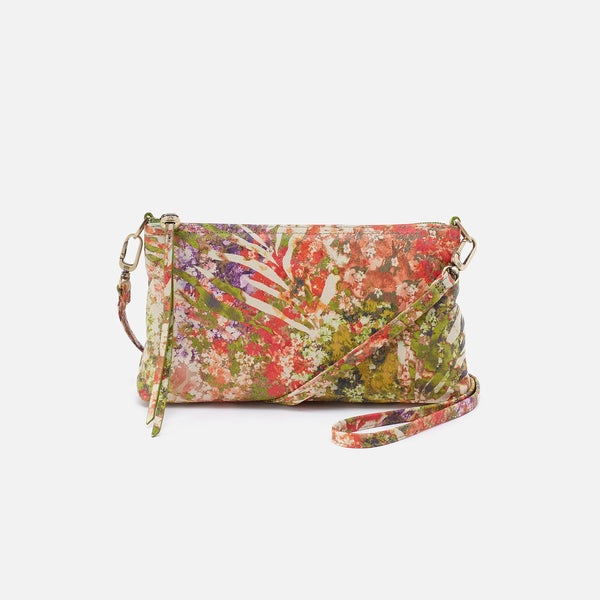 Front of HOBO Darcy Crossbody, Baguette, Wristlet, Convertible Bag in Tropic Floral Printed Leather With Solid Leather Strap and Zippered Top Pocket