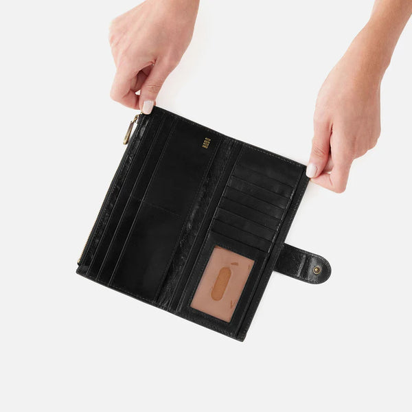 Inside of HOBO Dunn Continental Bi-Fold Wallet in Black Polished Leather with Interior Credit Card Slots and ID window