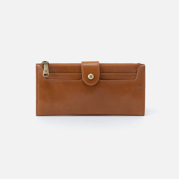 Front View of HOBO Dunn Continental Bi-fold Wallet in Truffle Polished Leather with Snap Closure.