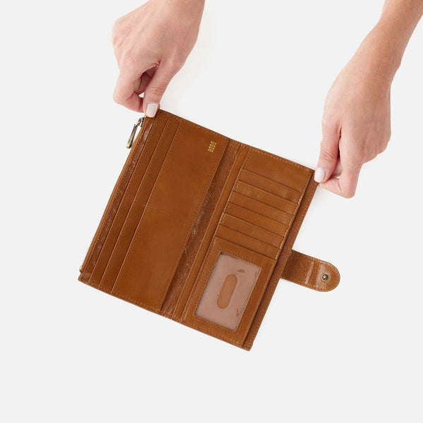 Inside of HOBO Dunn Continental Bi-Fold Wallet in Truffle Polished Leather with Interior Credit Card Slots and ID window