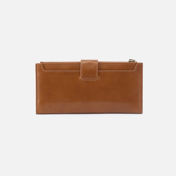 Back of HOBO Dunn Continental Bi-fold wallet in Truffle Polished Leather with Snap Closure and Phone Pocket