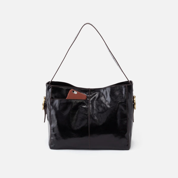 HOBO Render Shoulder Bag Back Facing with Slip Pocket for Phones in Black Polished Leather