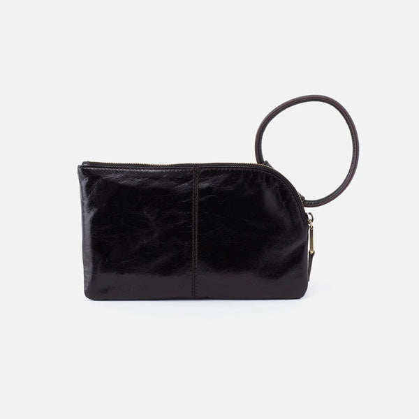 Backside View HOBO Sable Wristlet Crafted in Black Polished Leather. An Iconic Wristlet-Clutch Hybrid with a Circular Handle.