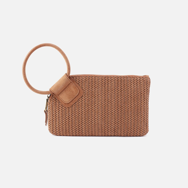 HOBO Sable Wristlet Crafted in Sepia Raffia Weave with Leather Trim. An Iconic Wristlet-Clutch Hybrid with a Circular Handle.