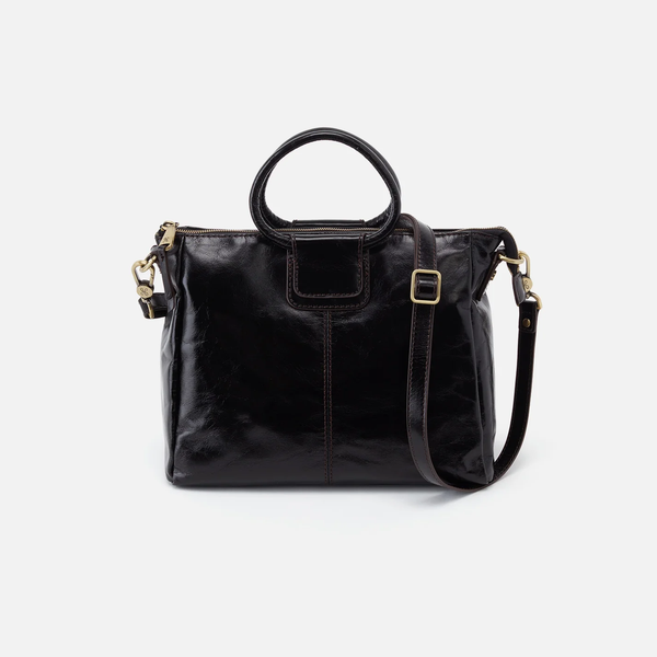 Front view of HOBO Sheila Medium Satchel in Black Polished Leather with Iconic Circular Carry Handle and Removable Shoulder Strap