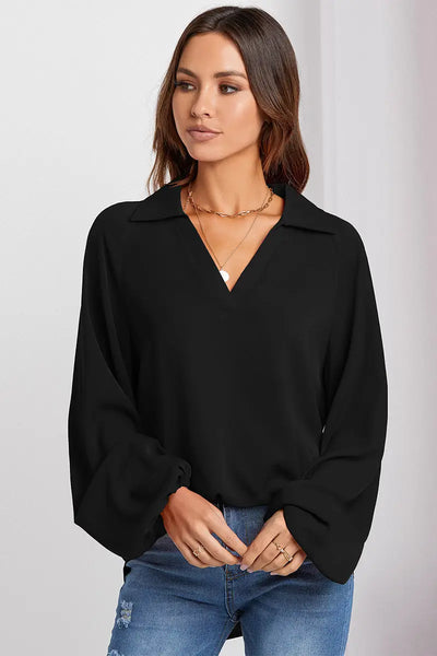 Collared-Bubble-Sleeve-Blouse-Top