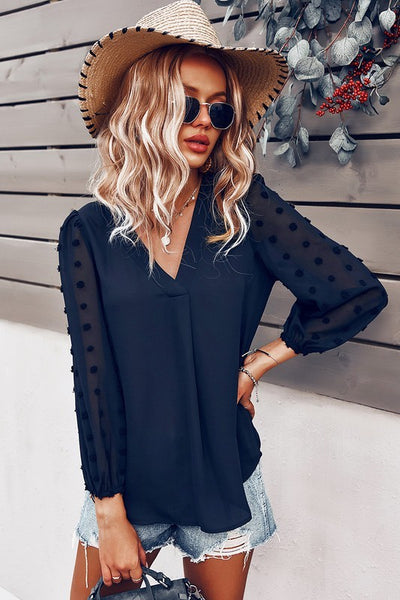 Relaxed Fit Swiss Dot V-Neck Top