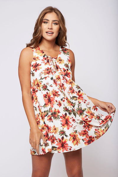 Floral Print Sleeveless Swing Dress (Lined) Ivory