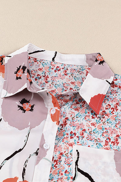 Silky Floral Patchwork Blouse with Front Pocket