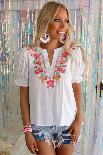 Embroidered Floral Blouse with Front Lining