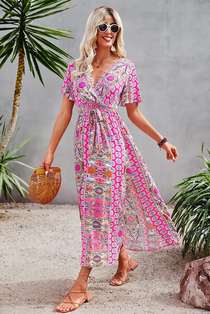 faux wrap midi dress Printed Faux Wrap Midi Dress