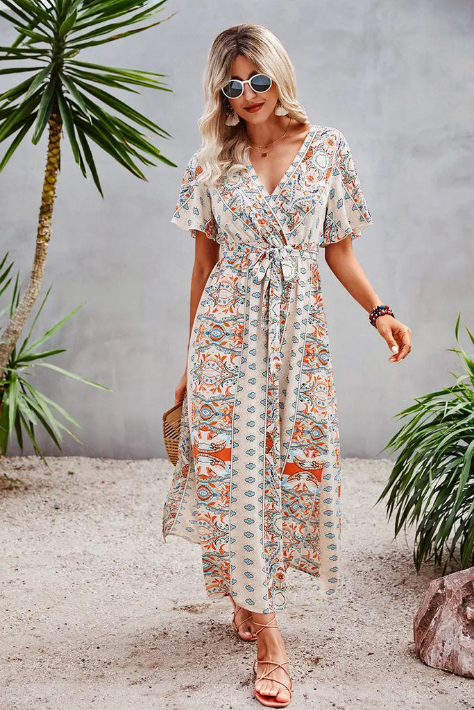 Printed Faux Wrap Midi Dress Printed Faux Wrap Midi Dress