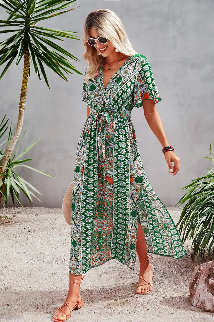 Printed Faux Wrap Midi Dress
