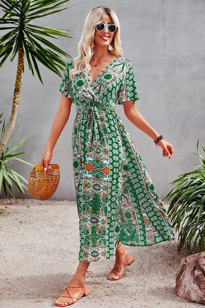 Printed Faux Wrap Midi Dress