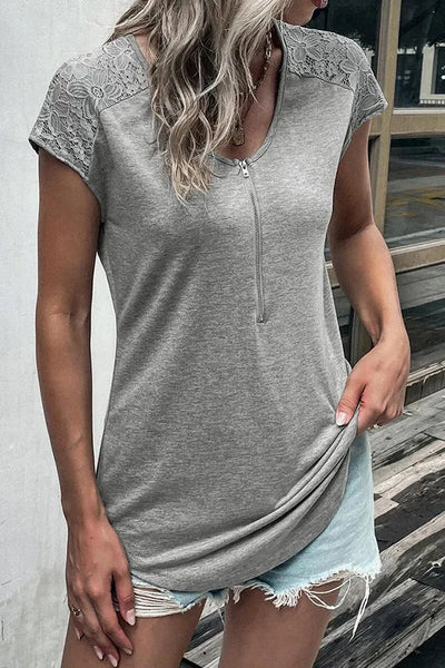 Scoop Neck Top with Lace Cap Sleeves and Zipper Detail