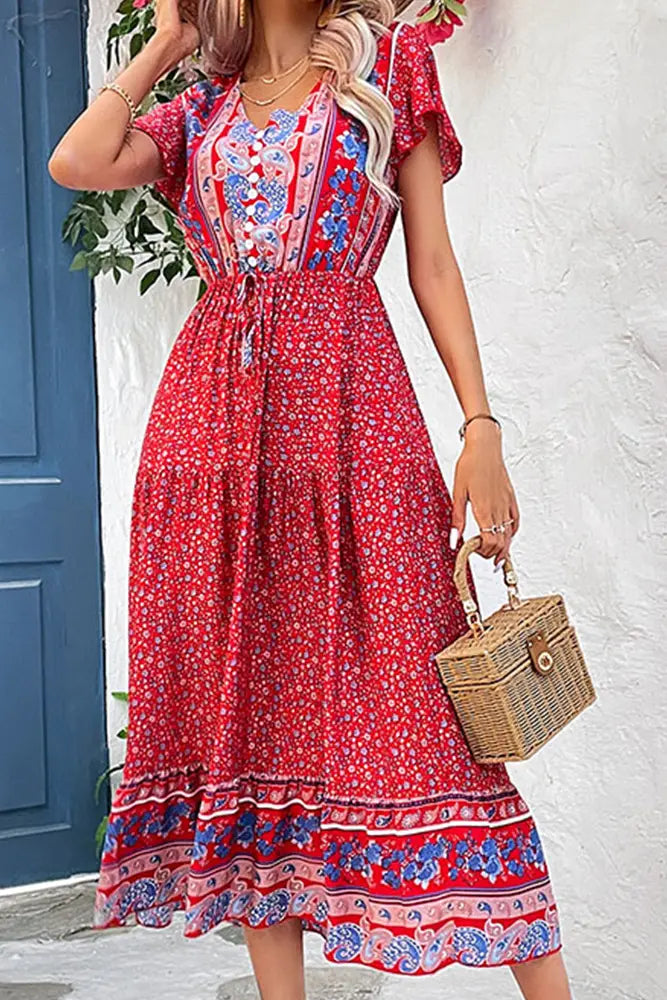 Floral Button Front Maxi Dress with Ruffle Sleeves