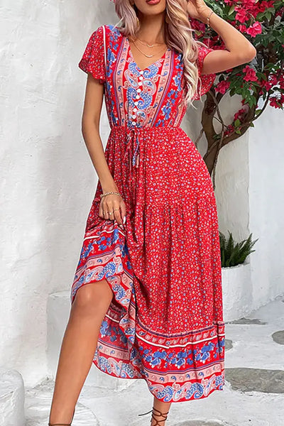 Floral Button Front Maxi Dress with Ruffle Sleeves