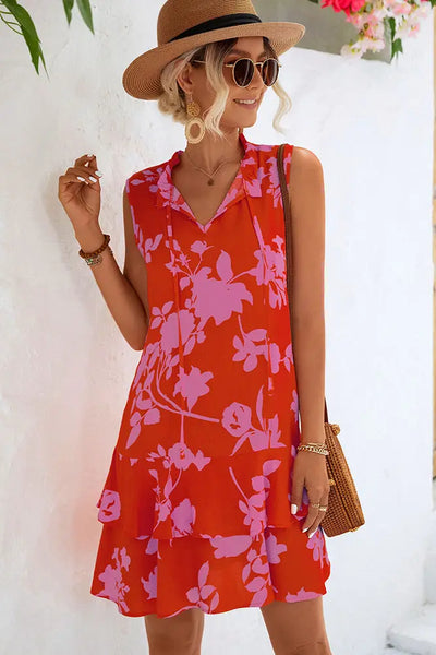 Floral Dress with Ruffled Hem and Neck Tie Detail