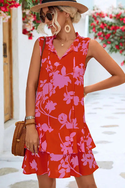Floral Dress with Ruffled Hem and Neck Tie Detail