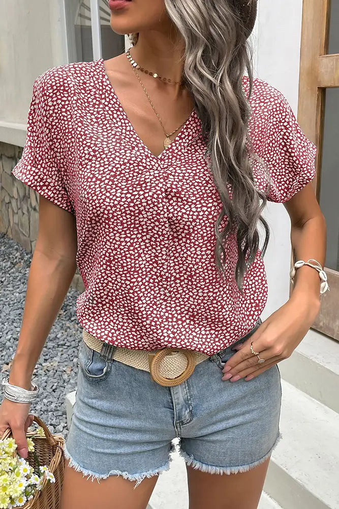 Printed V-Neck Top with Cuffed Sleeves