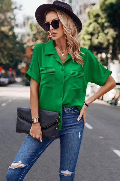 Blouse with Rolled Cuff Sleeves and Pocket Details