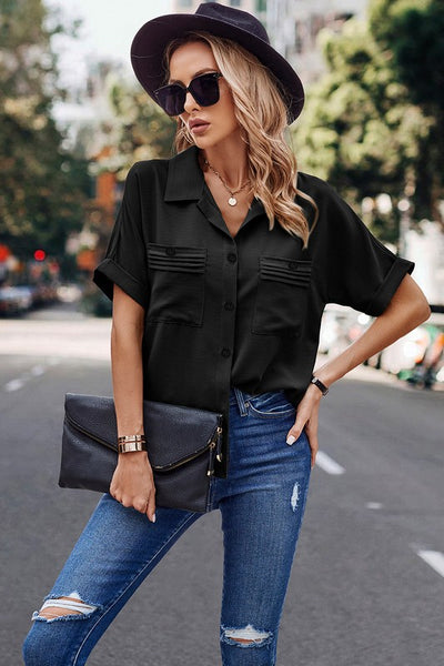 Blouse with Rolled Cuff Sleeves and Pocket Details