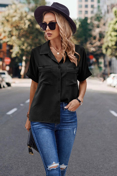 Blouse with Rolled Cuff Sleeves and Pocket Details