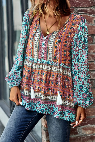 Floral Print Blouse with Button and Tassle Details