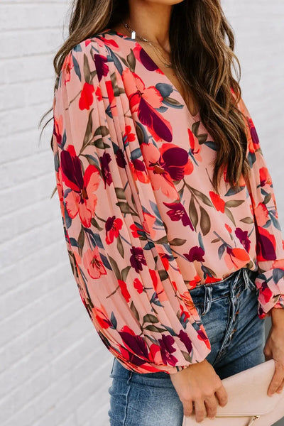 Floral Pleated Bell Sleeve Blouse