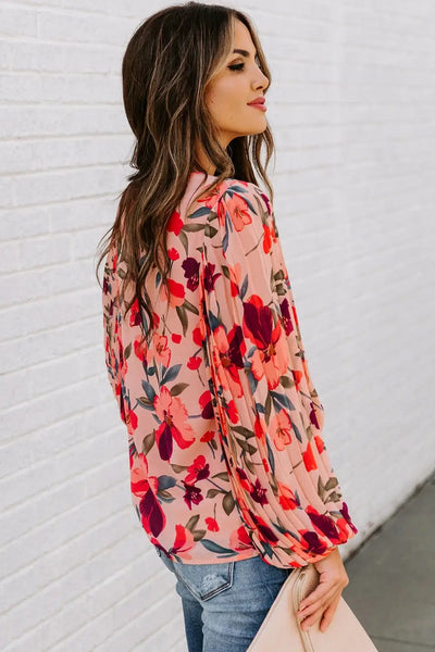 Floral Pleated Bell Sleeve Blouse