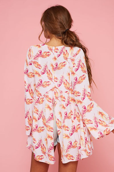 Feather Print Kimono White Pink Orange