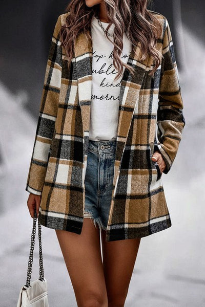 Plaid Open Front Blazer with Pockets