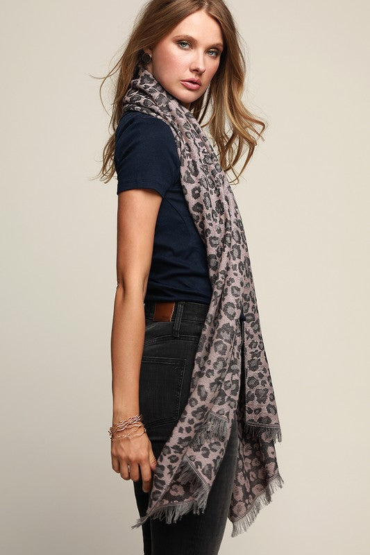 Leopard Print Scarf with Fringe Pink