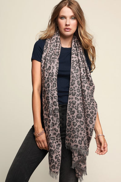 Leopard Print Scarf with Fringe Pink
