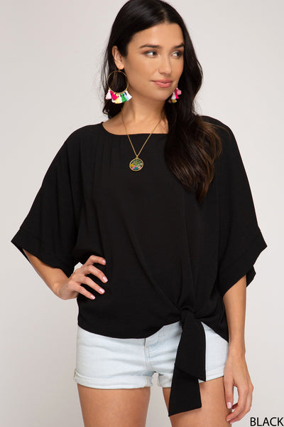 Kimono Sleeve Woven Top with Side Tie Detail