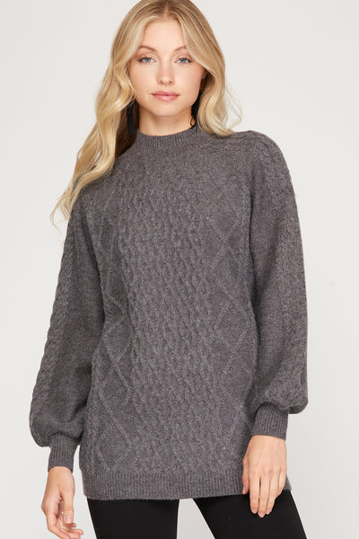Cable Knit Sweater with Mock-Neck and Balloon Sleeves