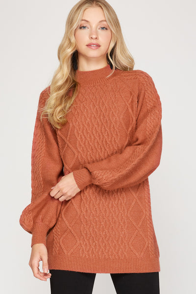 Cable Knit Sweater with Mock-Neck and Balloon Sleeves