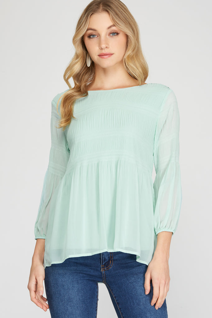 3/4 Sleeve Woven Plisse Tunic Top with Lining
